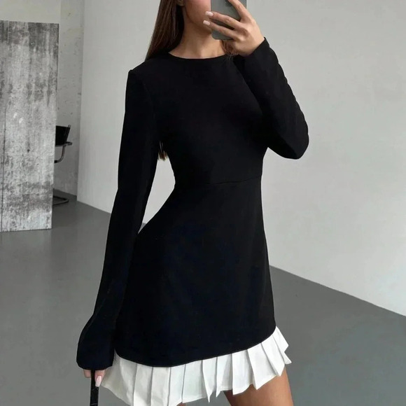 Black And White Casual Women's Pleated Hemline Patchwork Round Neck Mini Dress - Picture 4 of 6